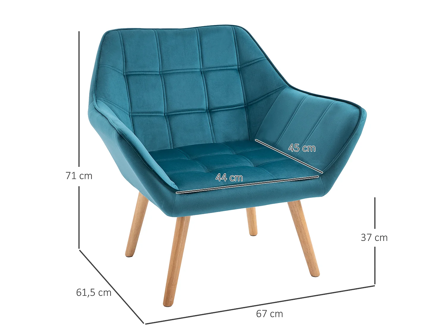 Fauteuil salon design scandinave piètement bois hévéa velours effet capitonné bleu canard