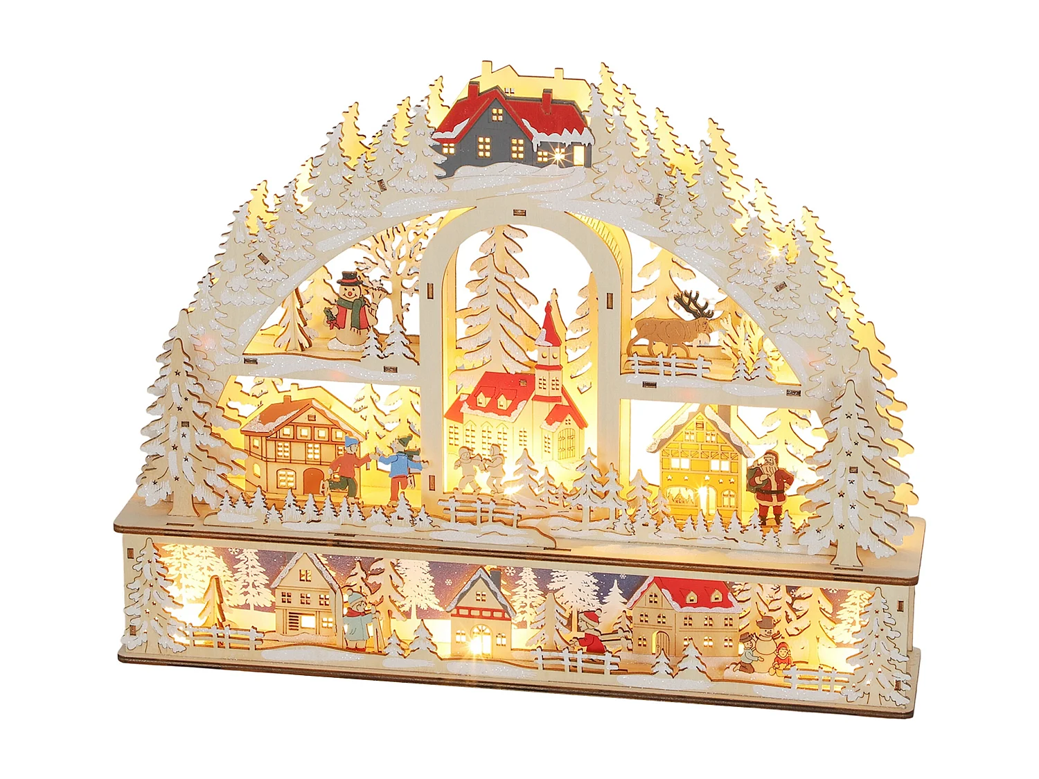 Village de Noël LED x 20 blanc chaud en bois - église, maisons, sapins enneigés, personnages