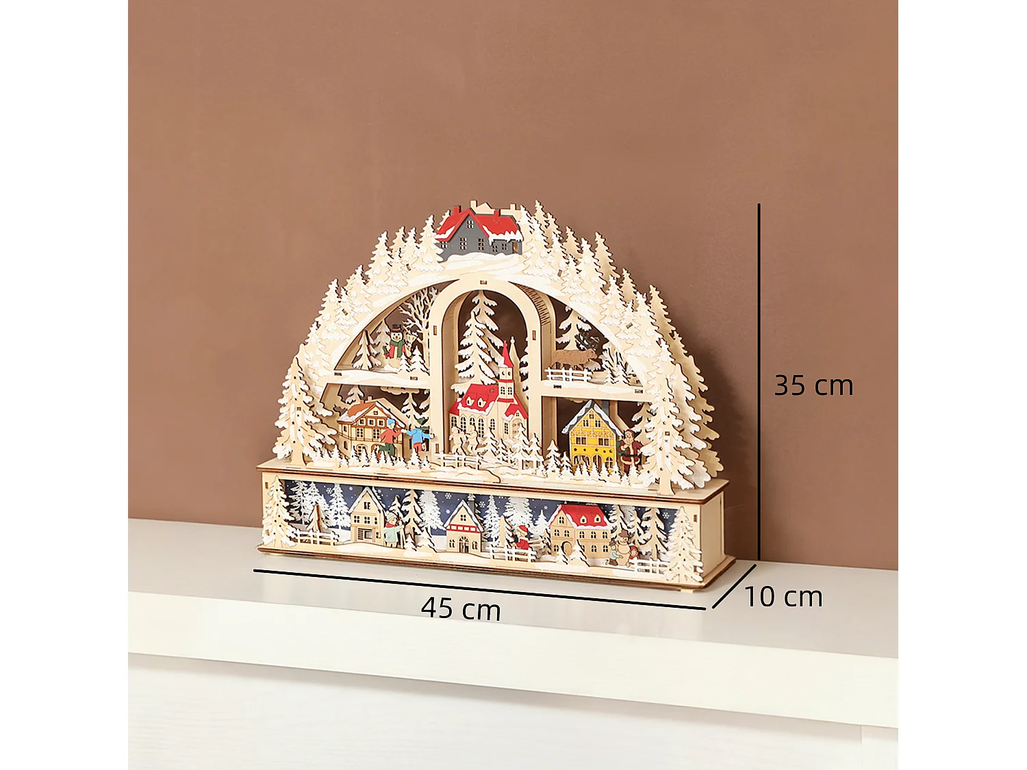 Village de Noël LED x 20 blanc chaud en bois - église, maisons, sapins enneigés, personnages