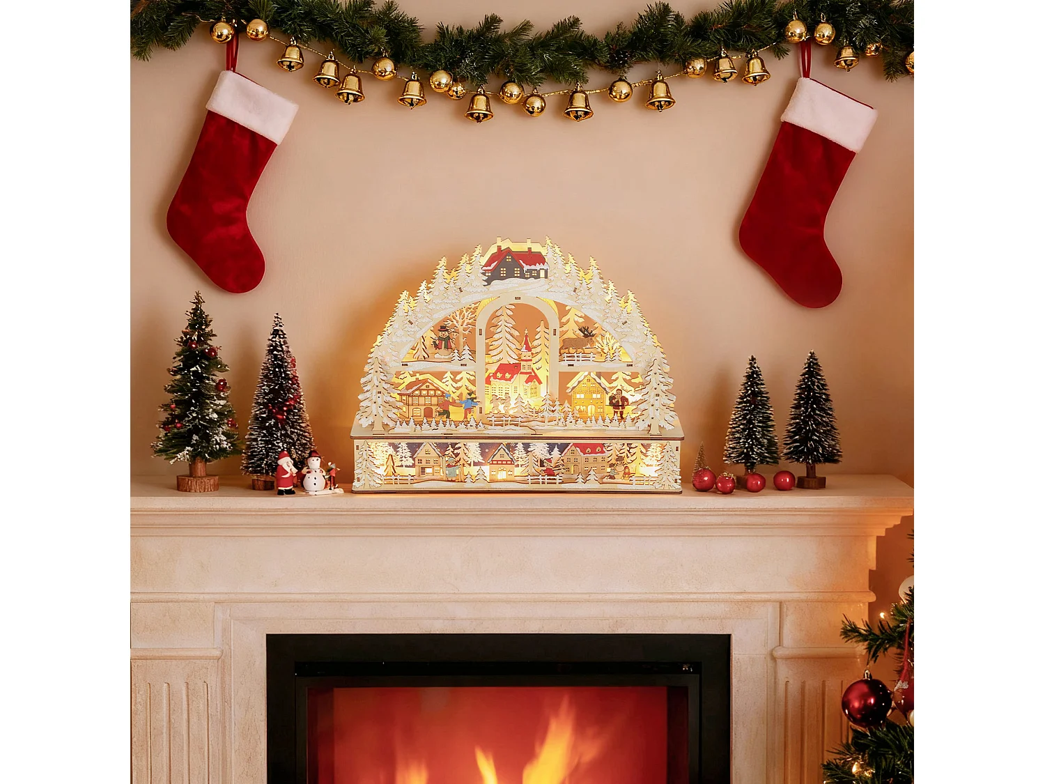 Village de Noël LED x 20 blanc chaud en bois - église, maisons, sapins enneigés, personnages