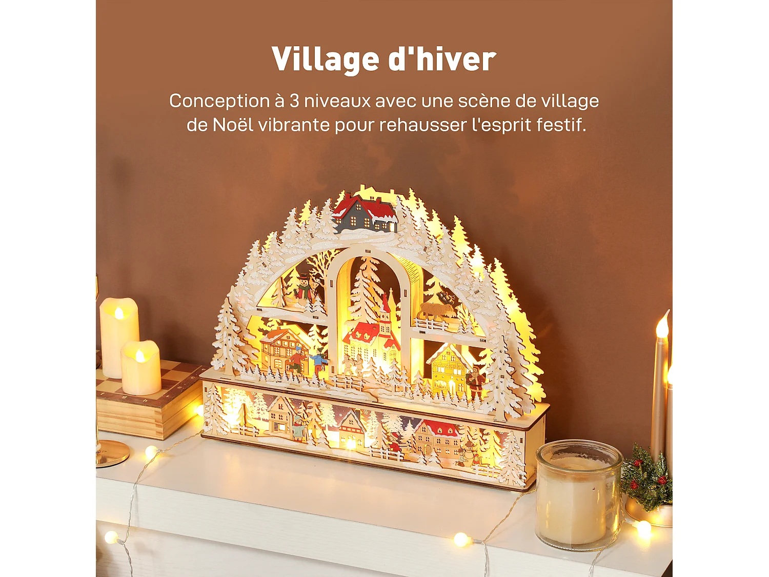 Village de Noël LED x 20 blanc chaud en bois - église, maisons, sapins enneigés, personnages