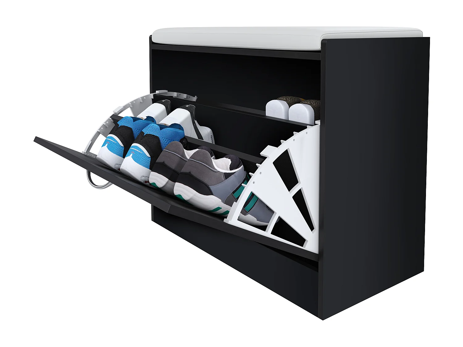 Panca Portascarpe Scarpiera Da Ingresso Piccola Salvaspazio Con Cuscino Anta A Ribalta Seduta Imbottita In Ecopelle Tripla Profondità 60 x 30 x 48 Cm Nero Liscio