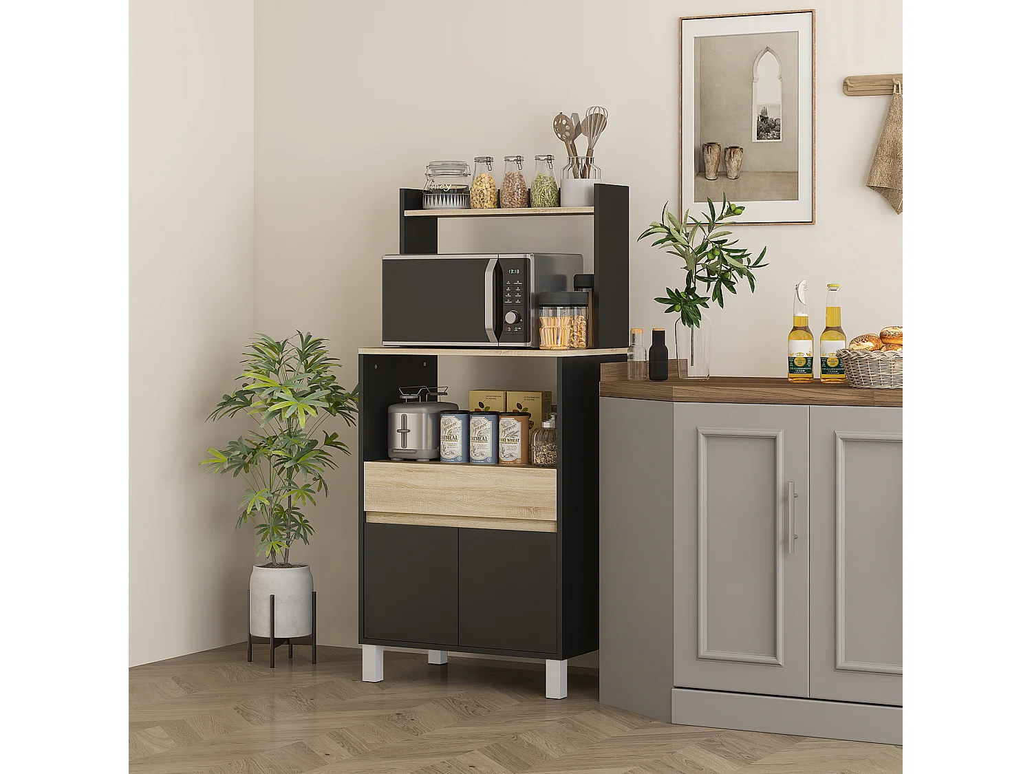 Rangement desserte de cuisine pour micro-ondes - 2 portes, 2 niches, tiroir, étagère - noir naturel