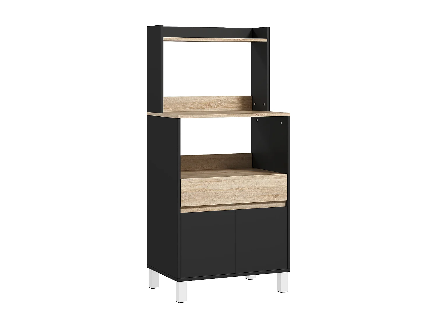 Rangement desserte de cuisine pour micro-ondes - 2 portes, 2 niches, tiroir, étagère - noir naturel