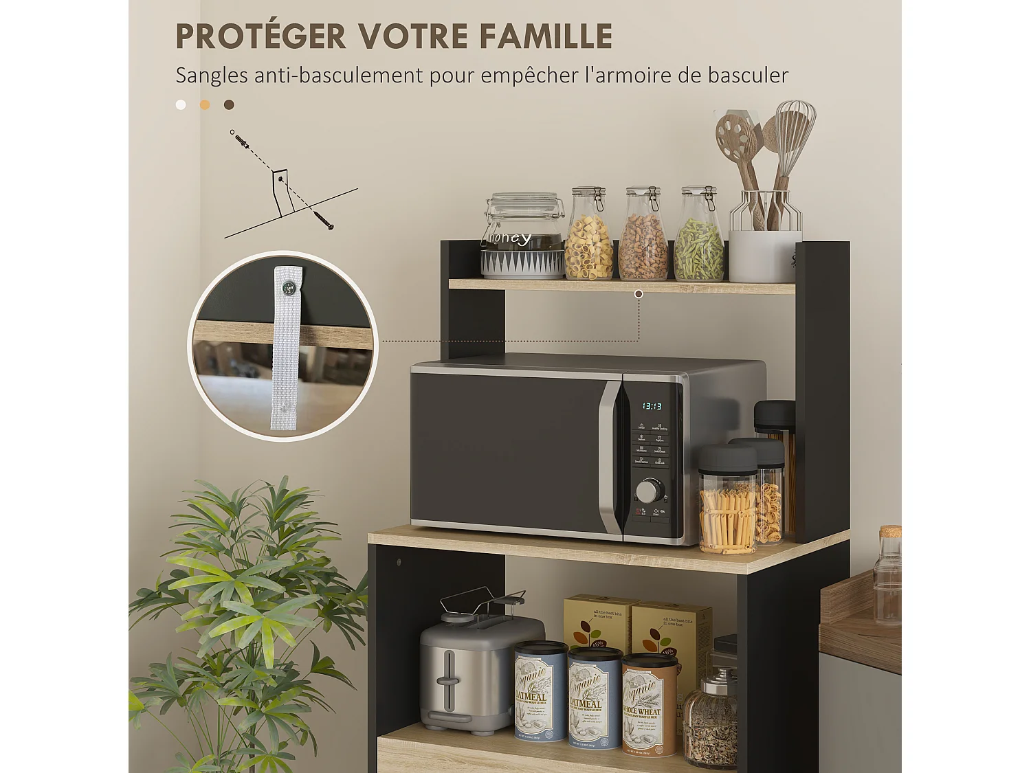 Rangement desserte de cuisine pour micro-ondes - 2 portes, 2 niches, tiroir, étagère - noir naturel
