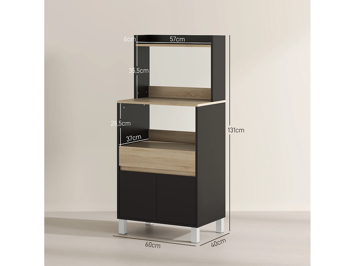 Rangement desserte de cuisine pour micro-ondes - 2 portes, 2 niches, tiroir, étagère - noir naturel