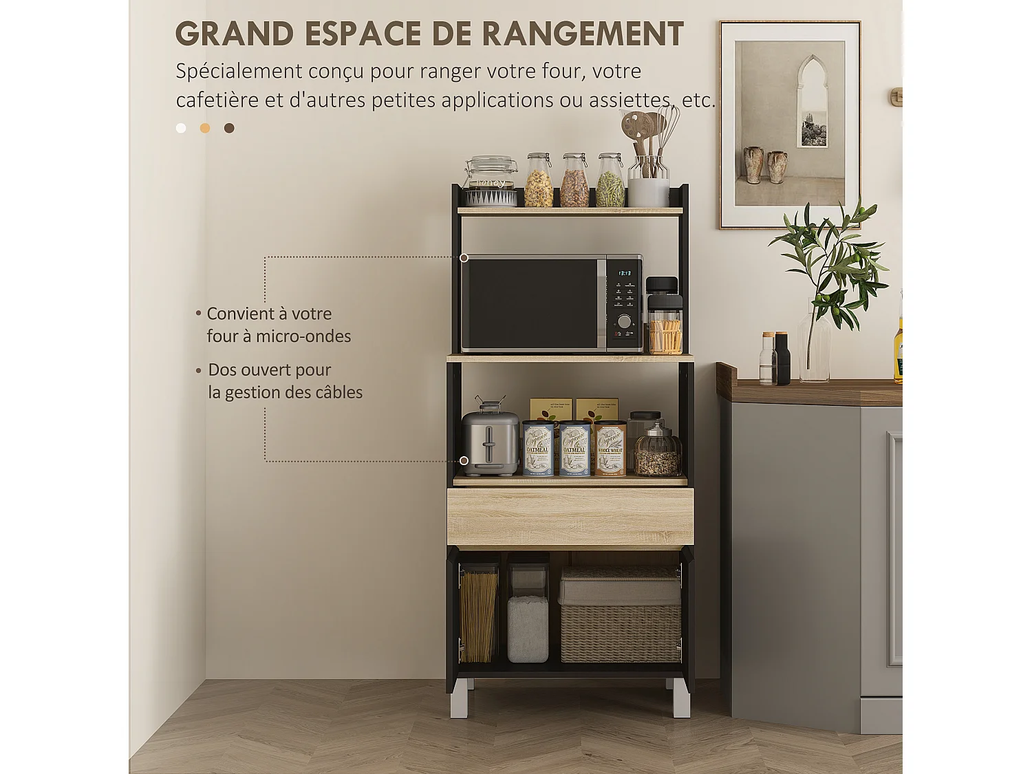 Rangement desserte de cuisine pour micro-ondes - 2 portes, 2 niches, tiroir, étagère - noir naturel