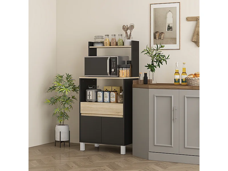 Rangement desserte de cuisine pour micro-ondes - 2 portes, 2 niches, tiroir, étagère - noir naturel