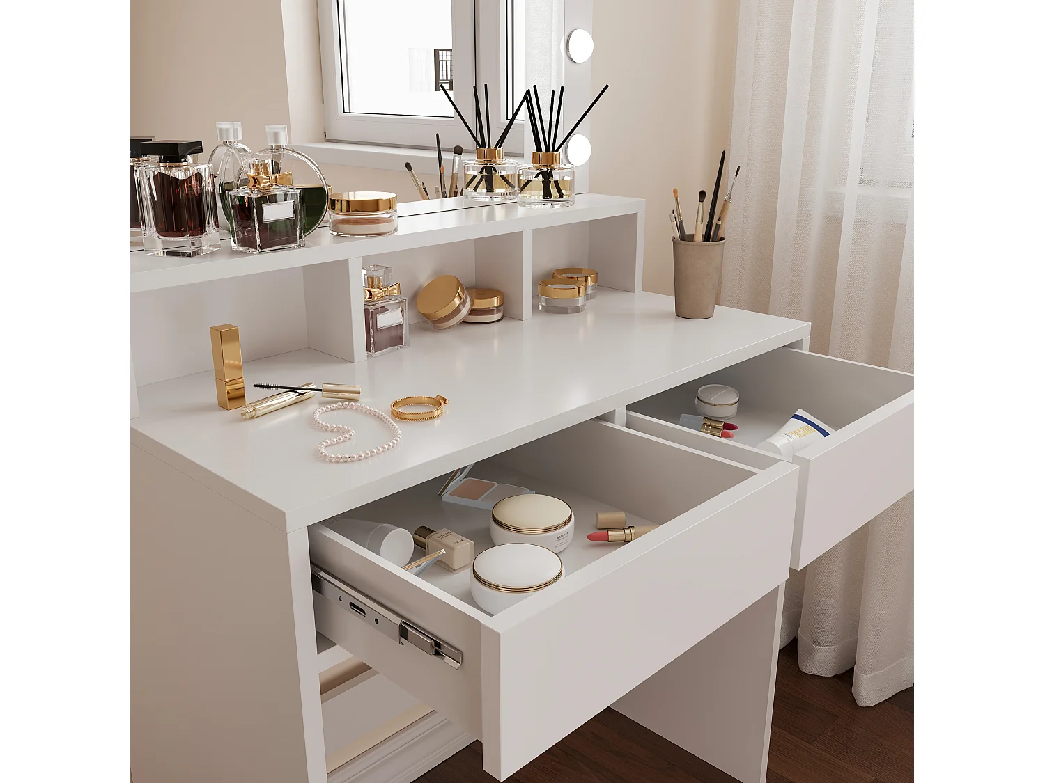 Toeletta Tavolino Da Trucco Tavolo Con 9 Luci LED Con Luminosità Regolabile 2 Cassetti 3 Scomparti Specchio Orizzontale Make Up  40x80x140 Cm Bianco