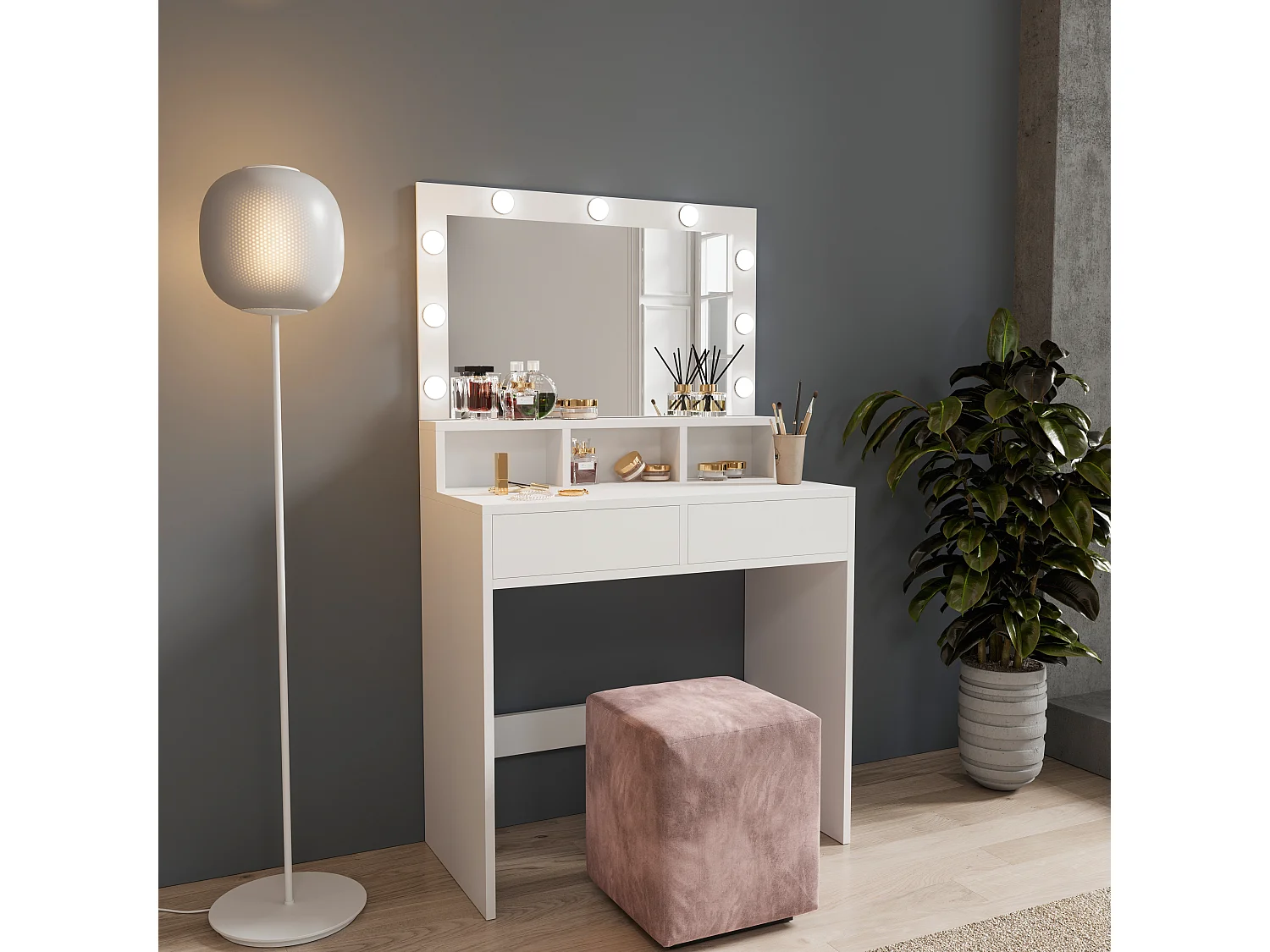 Toeletta Tavolino Da Trucco Tavolo Con 9 Luci LED Con Luminosità Regolabile 2 Cassetti 3 Scomparti Specchio Orizzontale Make Up  40x80x140 Cm Bianco