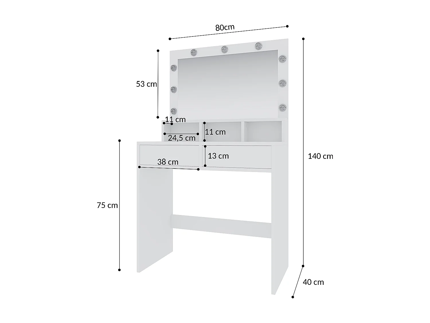 Toeletta Tavolino Da Trucco Tavolo Con 9 Luci LED Con Luminosità Regolabile 2 Cassetti 3 Scomparti Specchio Orizzontale Make Up  40x80x140 Cm Bianco