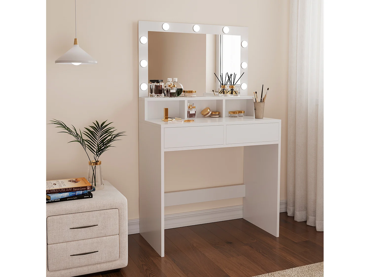 Toeletta Tavolino Da Trucco Tavolo Con 9 Luci LED Con Luminosità Regolabile 2 Cassetti 3 Scomparti Specchio Orizzontale Make Up  40x80x140 Cm Bianco