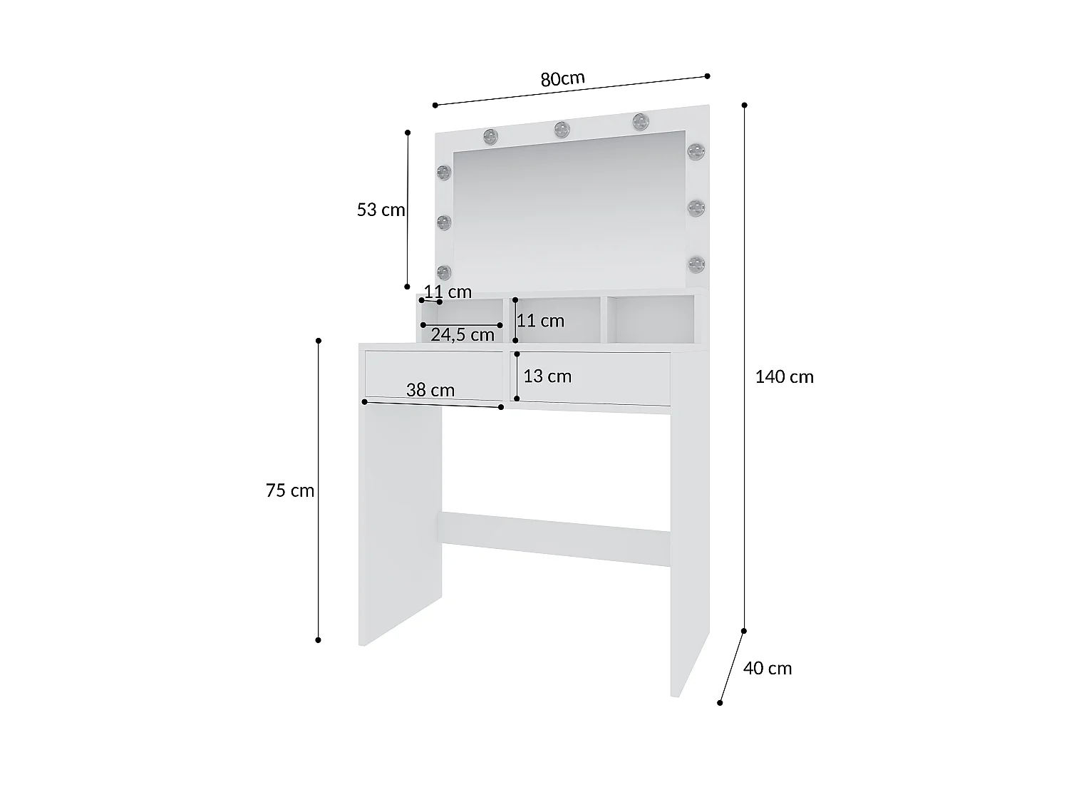 Toeletta Tavolino Da Trucco Tavolo Con 9 Luci LED Con Luminosità Regolabile 2 Cassetti 3 Scomparti Specchio Orizzontale Make Up  40x80x140 Cm Bianco