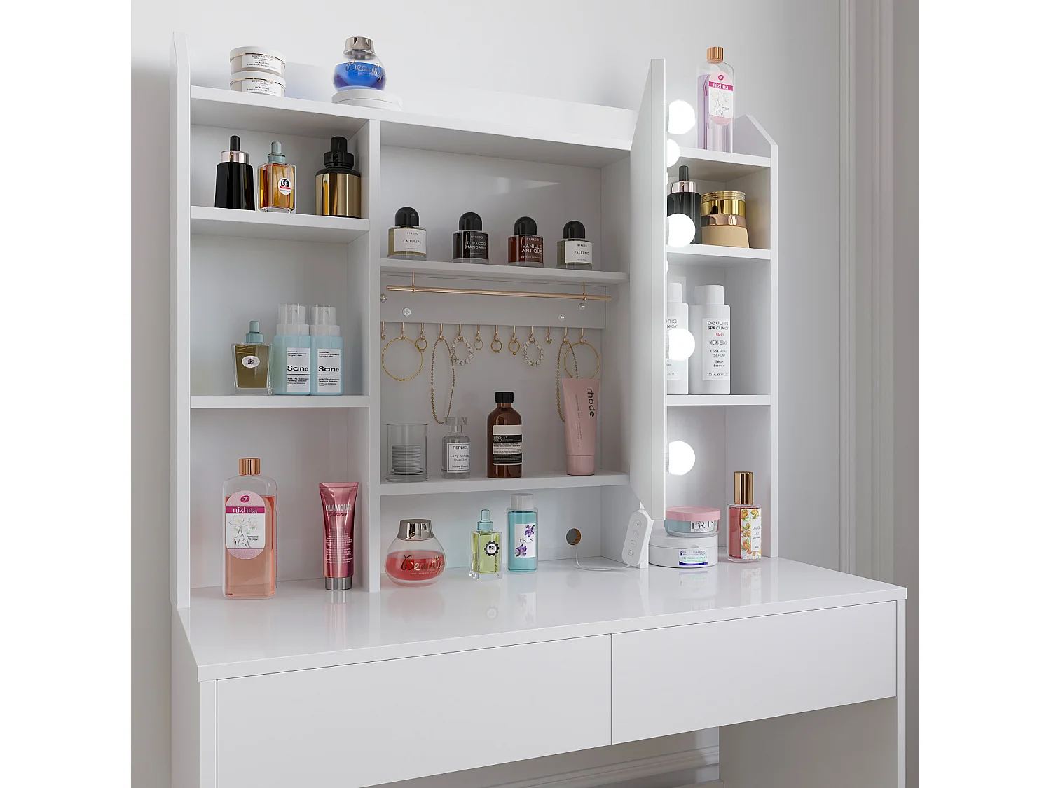 Toeletta Tavolino Trucco Tavolo Con 9 Luci LED Luminosità E Tonalità Regolabili Specchio 2 Cassetti 7 Vani A Giorno Mensole Regolabili 40 x 90 x 144.7 Cm Bianco