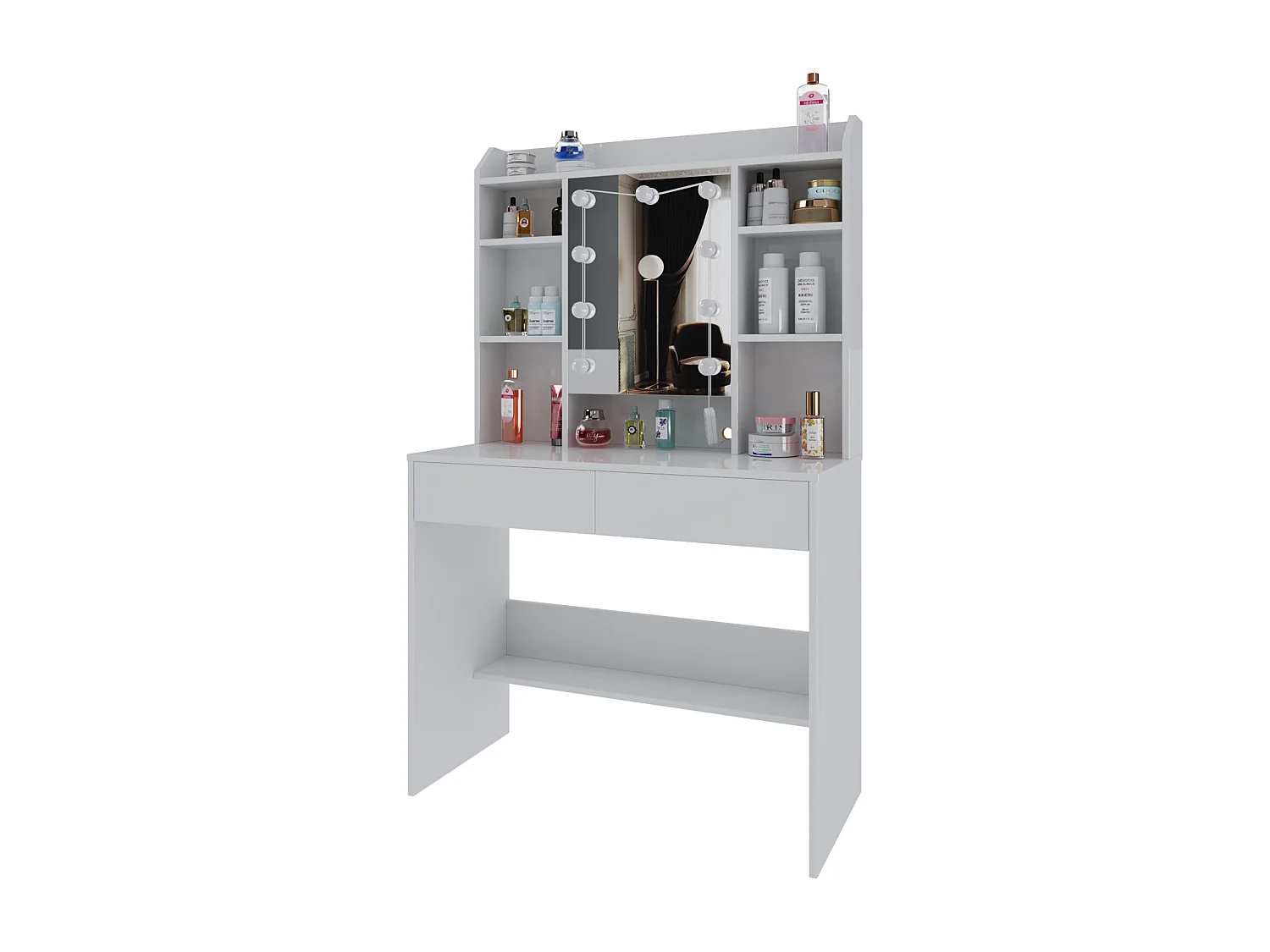 Toeletta Tavolino Trucco Tavolo Con 9 Luci LED Luminosità E Tonalità Regolabili Specchio 2 Cassetti 7 Vani A Giorno Mensole Regolabili 40 x 90 x 144.7 Cm Bianco