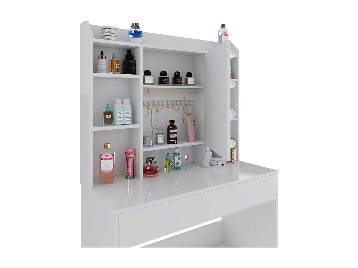 Toeletta Tavolino Trucco Tavolo Con 9 Luci LED Luminosità E Tonalità Regolabili Specchio 2 Cassetti 7 Vani A Giorno Mensole Regolabili 40 x 90 x 144.7 Cm Bianco