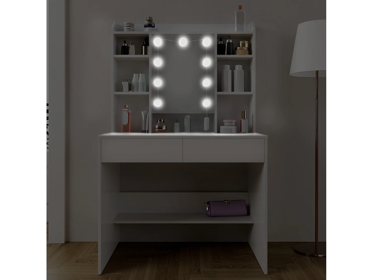 Toeletta Tavolino Trucco Tavolo Con 9 Luci LED Luminosità E Tonalità Regolabili Specchio 2 Cassetti 7 Vani A Giorno Mensole Regolabili 40 x 90 x 144.7 Cm Bianco
