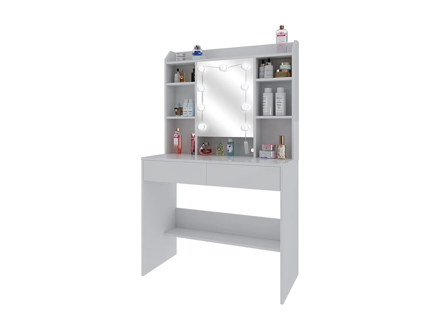 Toeletta Tavolino Trucco Tavolo Con 9 Luci LED Luminosità E Tonalità Regolabili Specchio 2 Cassetti 7 Vani A Giorno Mensole Regolabili 40 x 90 x 144.7 Cm Bianco