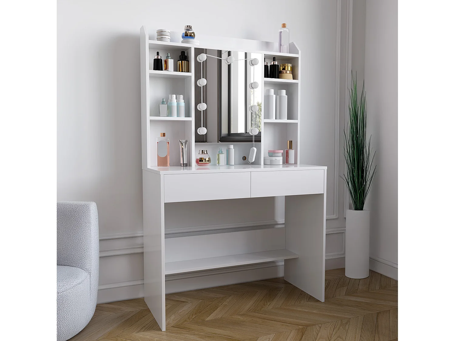 Toeletta Tavolino Trucco Tavolo Con 9 Luci LED Luminosità E Tonalità Regolabili Specchio 2 Cassetti 7 Vani A Giorno Mensole Regolabili 40 x 90 x 144.7 Cm Bianco