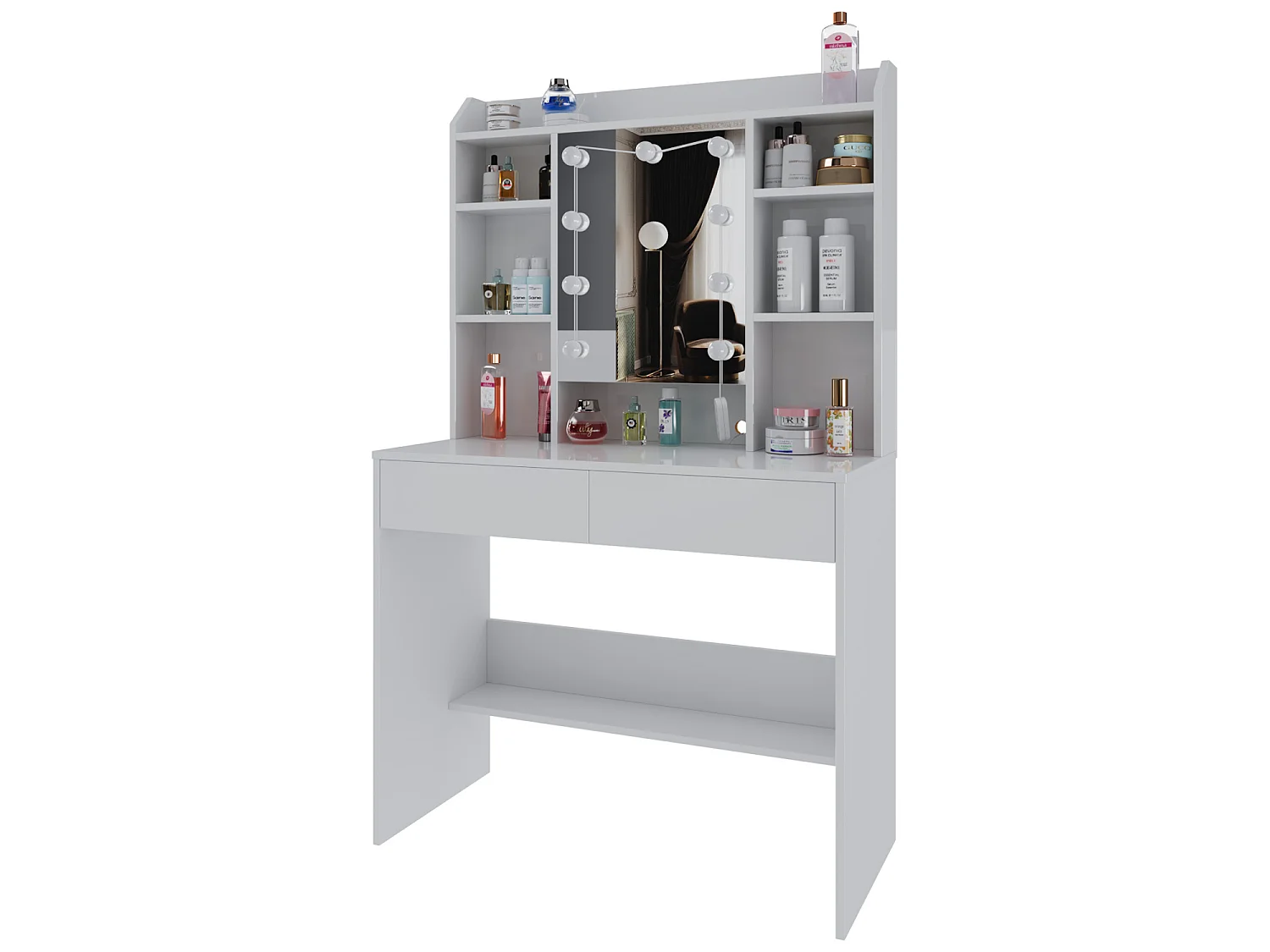 Toeletta Tavolino Trucco Tavolo Con 9 Luci LED Luminosità E Tonalità Regolabili Specchio 2 Cassetti 7 Vani A Giorno Mensole Regolabili 40 x 90 x 144.7 Cm Bianco