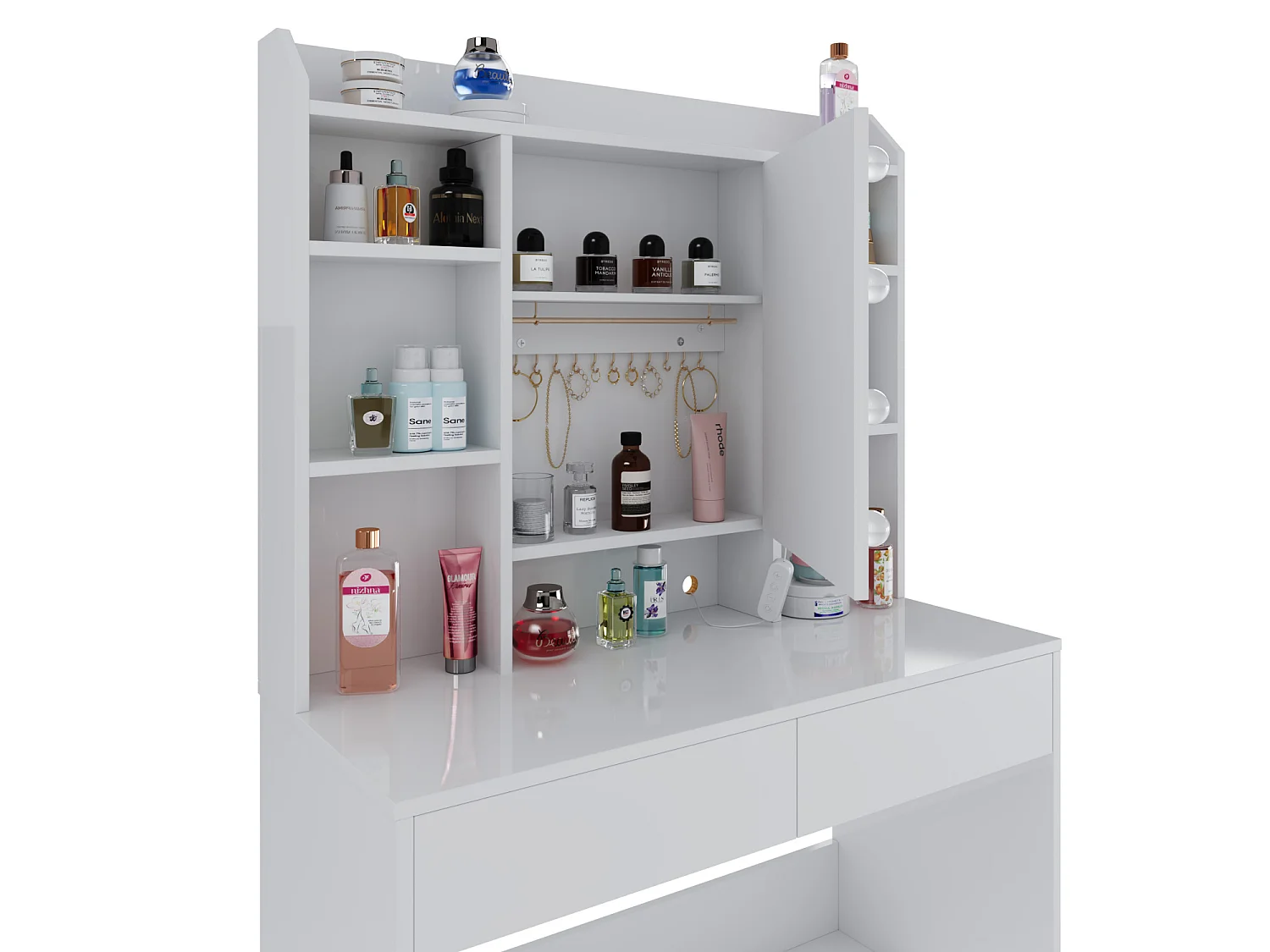 Toeletta Tavolino Trucco Tavolo Con 9 Luci LED Luminosità E Tonalità Regolabili Specchio 2 Cassetti 7 Vani A Giorno Mensole Regolabili 40 x 90 x 144.7 Cm Bianco
