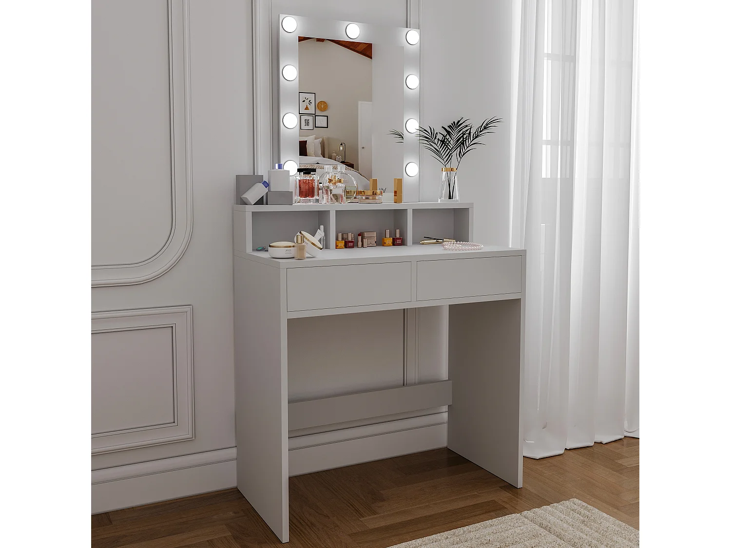 Toeletta Tavolino Da Trucco Tavolo Con 9 Luci LED Luminosità Regolabile Specchio 2 Cassetti 3 Scomparti Giorno Postazione Make Up 40x80x145 Cm Bianco