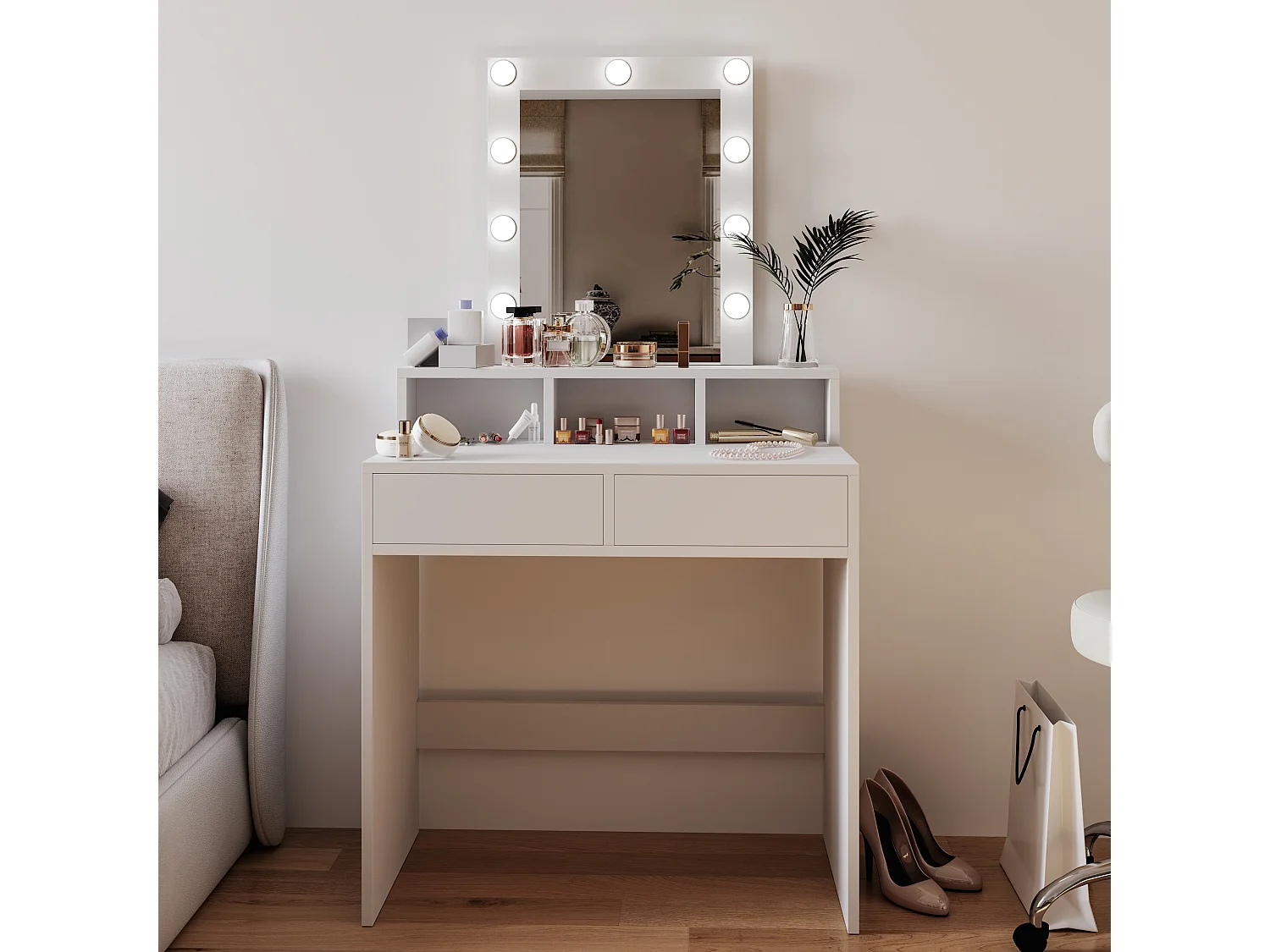 Toeletta Tavolino Da Trucco Tavolo Con 9 Luci LED Luminosità Regolabile Specchio 2 Cassetti 3 Scomparti Giorno Postazione Make Up 40x80x145 Cm Bianco