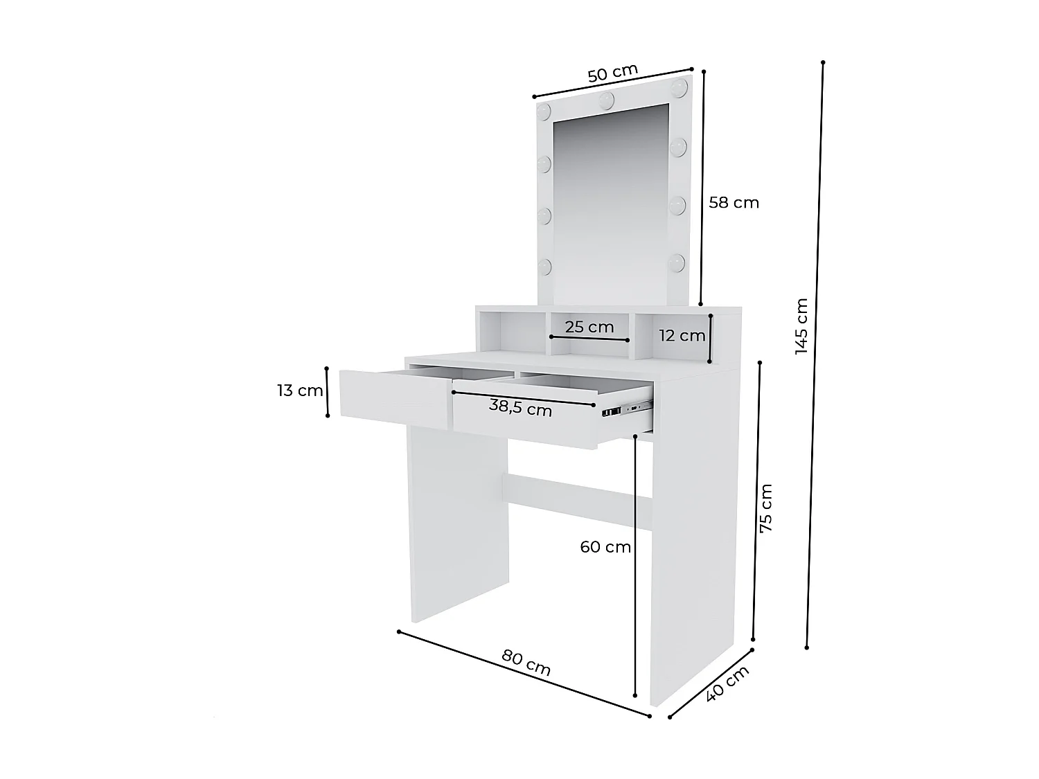 Toeletta Tavolino Da Trucco Tavolo Con 9 Luci LED Luminosità Regolabile Specchio 2 Cassetti 3 Scomparti Giorno Postazione Make Up 40x80x145 Cm Bianco