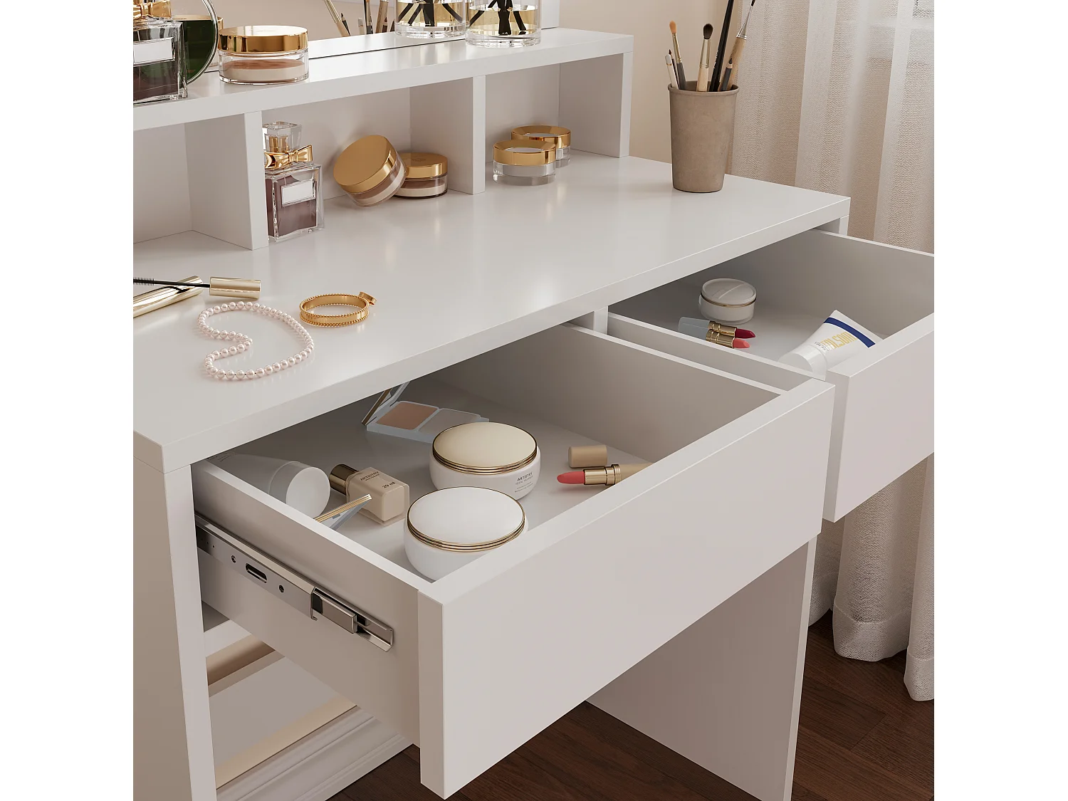 Toeletta Tavolino Da Trucco Tavolo Con 9 Luci LED Luminosità Regolabile Specchio 2 Cassetti 3 Scomparti Giorno Postazione Make Up 40x80x145 Cm Bianco