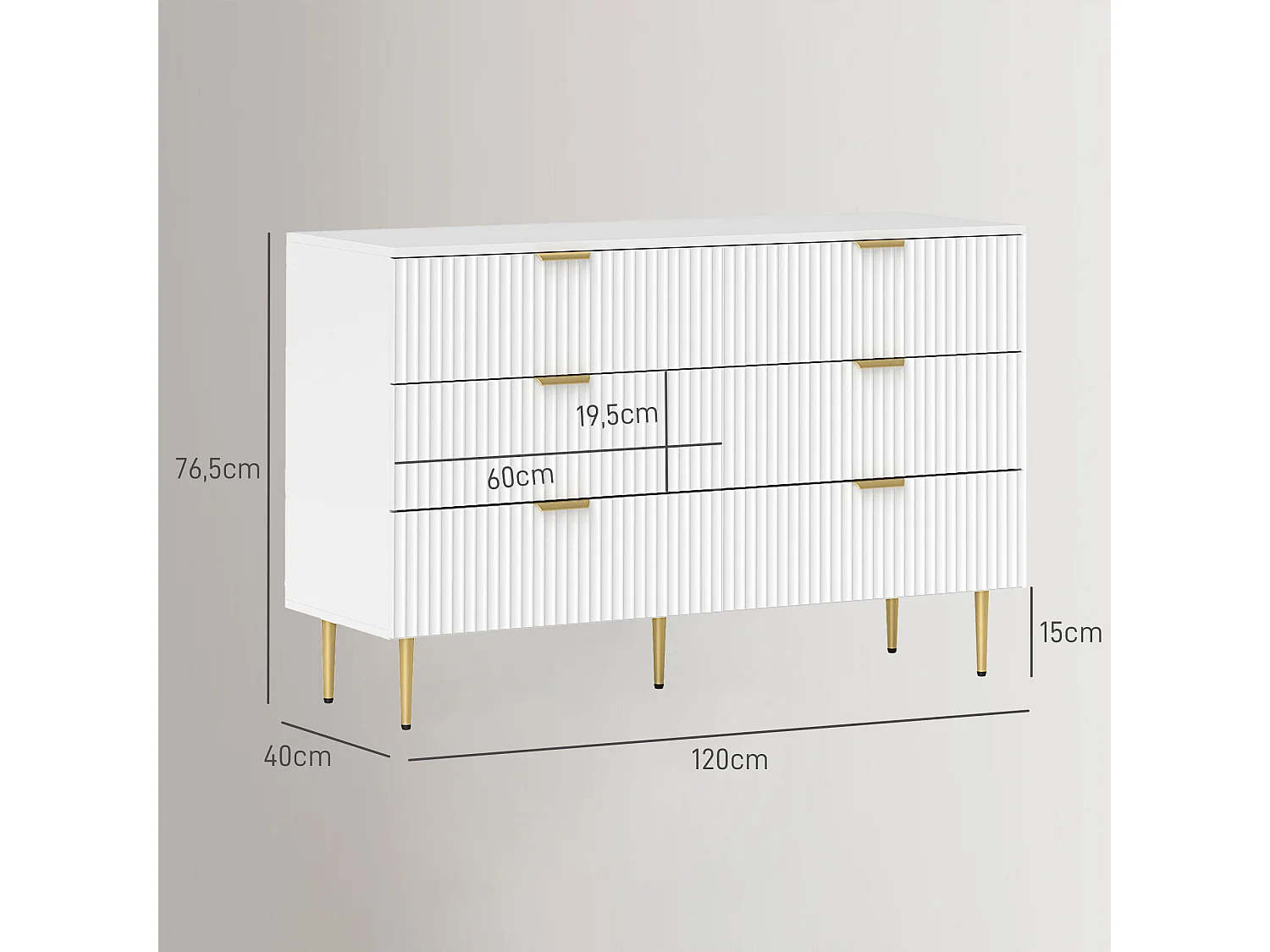 Commode 6 tiroirs design effet cannelé piètement poignées métal doré blanc