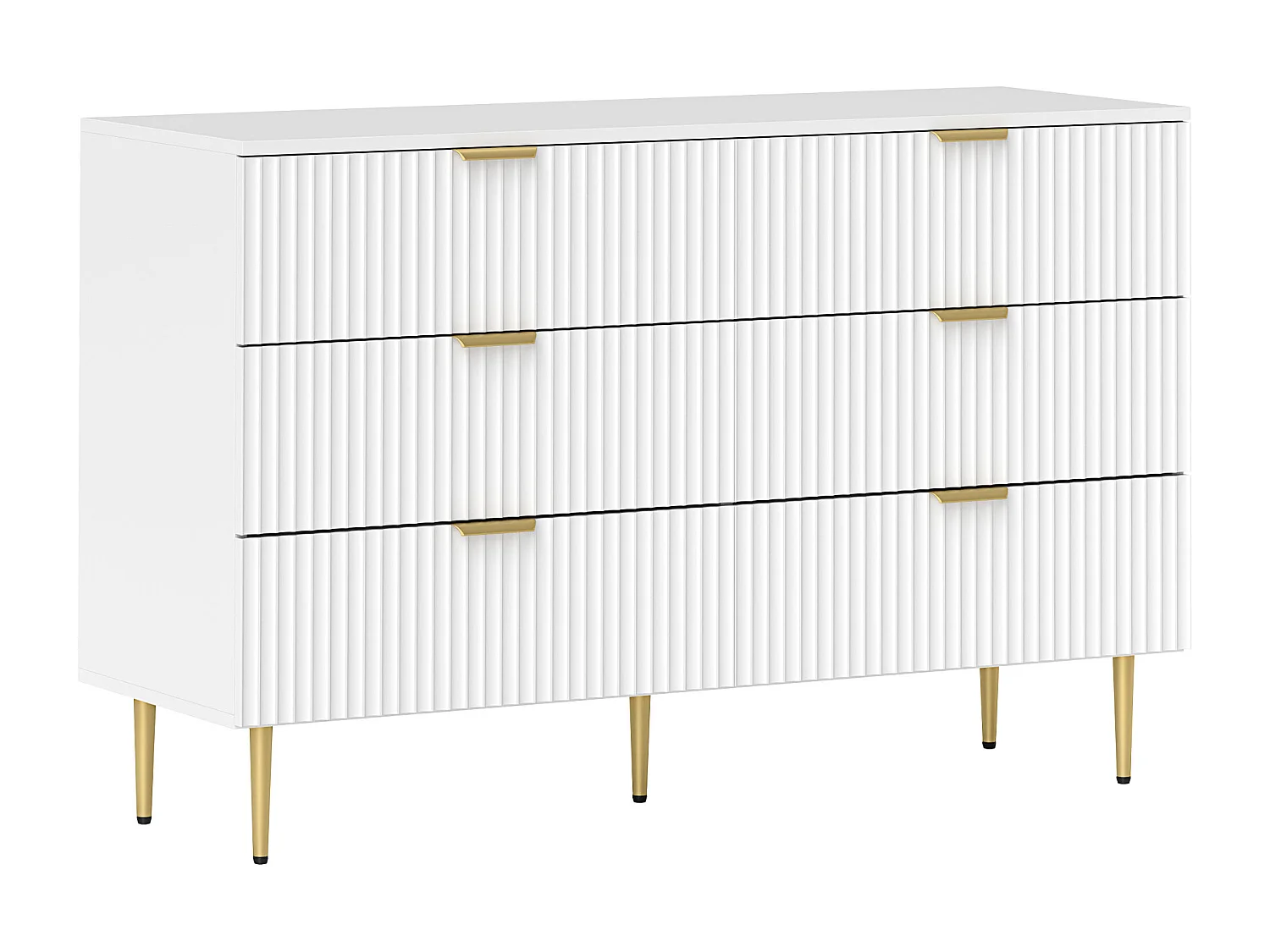 Commode 6 tiroirs design effet cannelé piètement poignées métal doré blanc