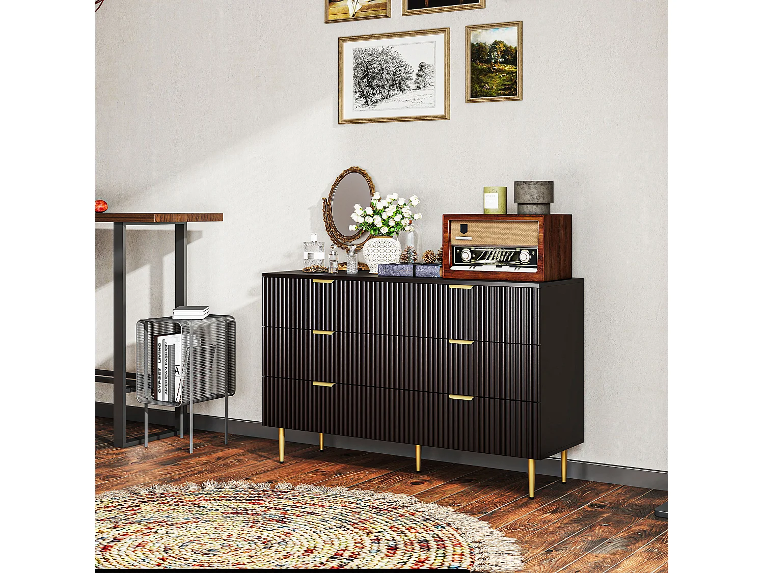 Commode 6 tiroirs design effet cannelé piètement poignées métal doré noir