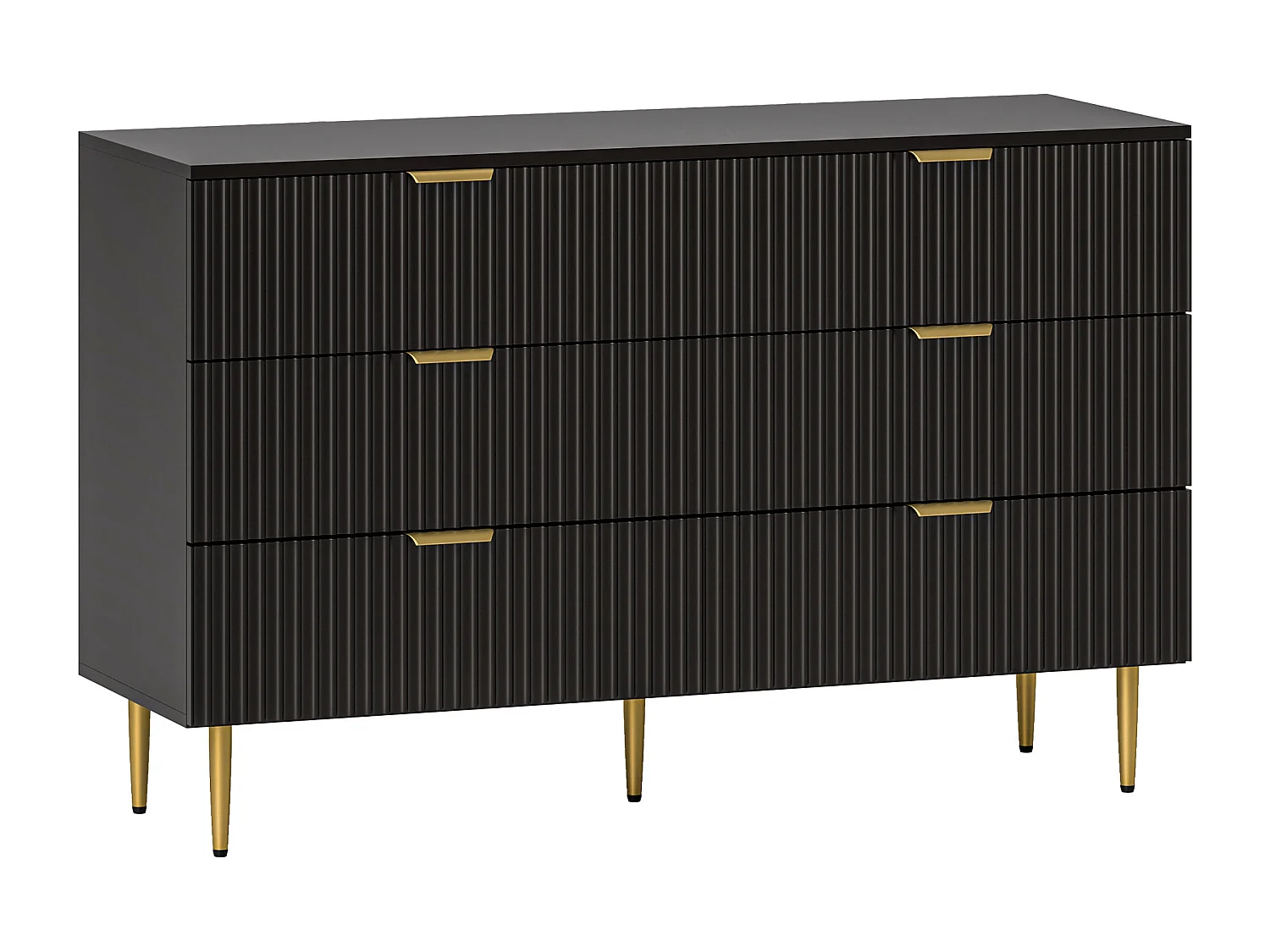 Commode 6 tiroirs design effet cannelé piètement poignées métal doré noir