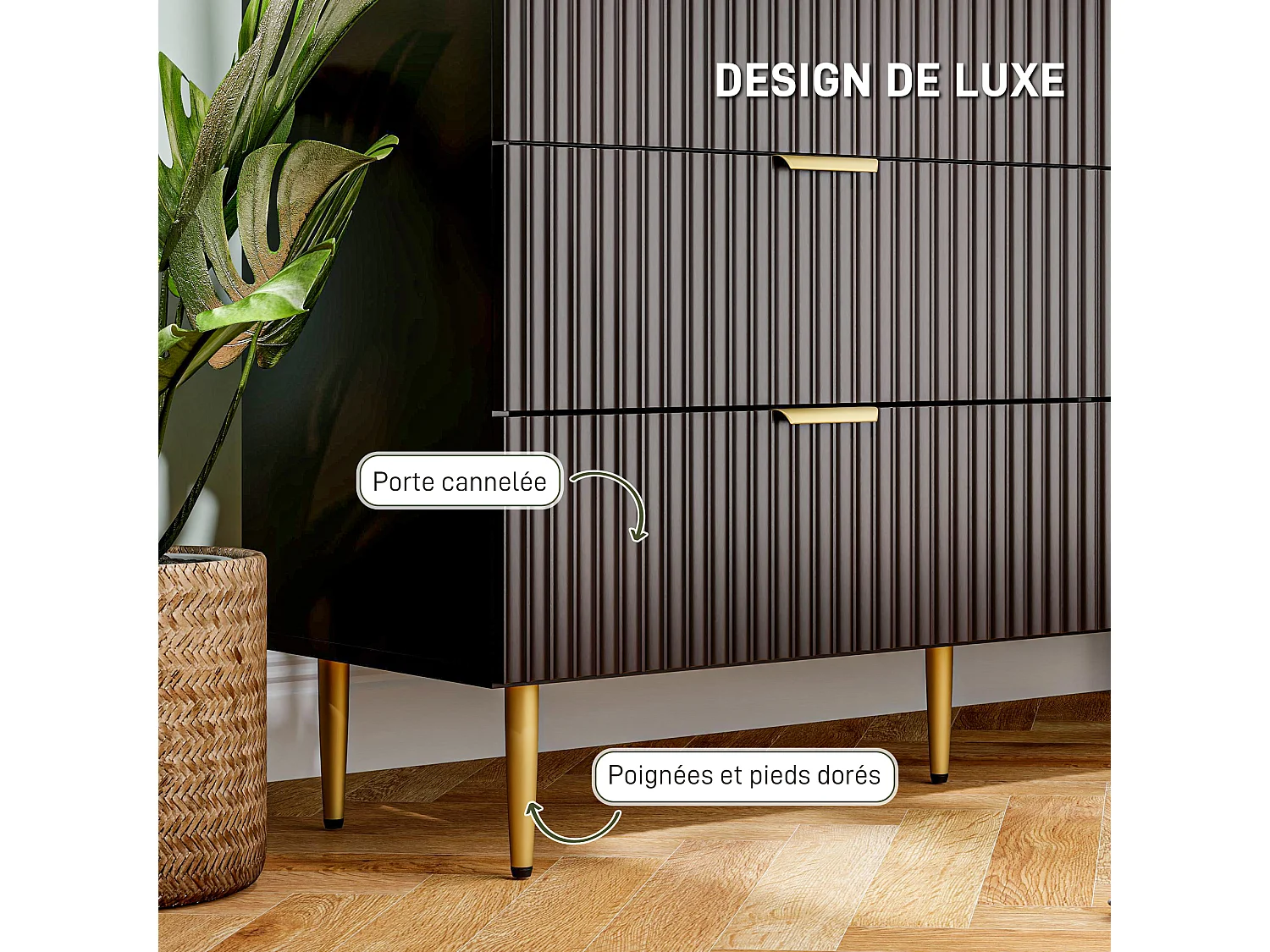 Commode 6 tiroirs design effet cannelé piètement poignées métal doré noir