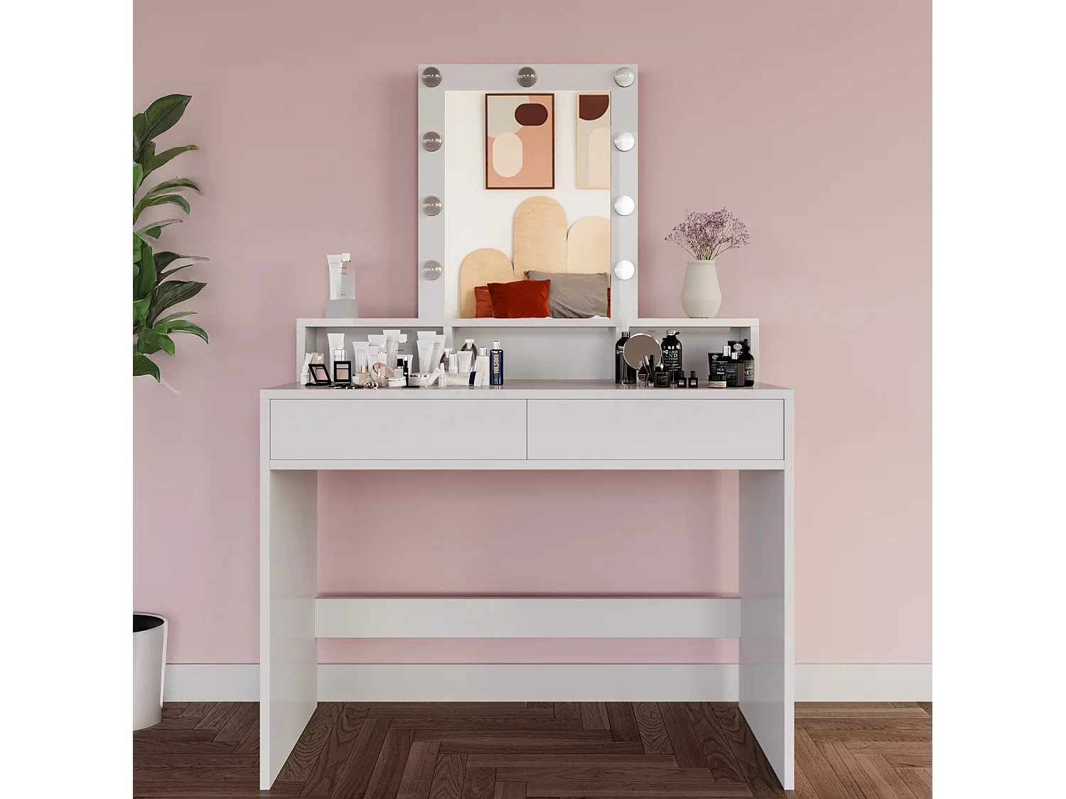 Toeletta Tavolino Da Trucco Tavolo Con 9 Luci LED Con Luminosità Regolabile Specchio 2 Cassetti 3 Vani A Giorno Postazione Make Up 40 x 100 x 145 Cm