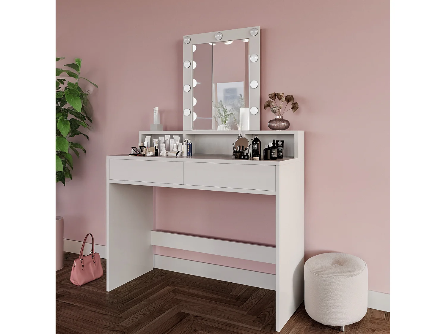 Toeletta Tavolino Da Trucco Tavolo Con 9 Luci LED Con Luminosità Regolabile Specchio 2 Cassetti 3 Vani A Giorno Postazione Make Up 40 x 100 x 145 Cm