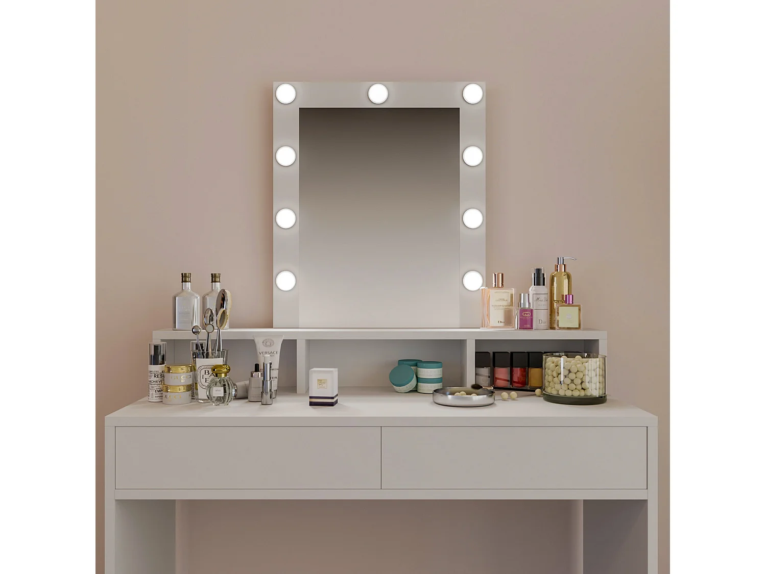 Toeletta Tavolino Da Trucco Tavolo Con 9 Luci LED Con Luminosità Regolabile Specchio 2 Cassetti 3 Vani A Giorno Postazione Make Up 40 x 100 x 145 Cm