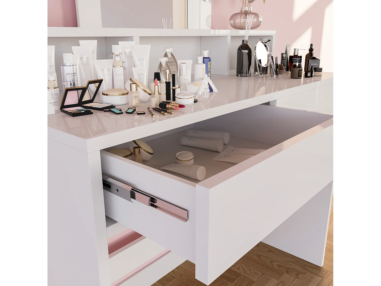 Toeletta Tavolino Da Trucco Tavolo Con 9 Luci LED Con Luminosità Regolabile Specchio 2 Cassetti 3 Vani A Giorno Postazione Make Up 40 x 100 x 145 Cm