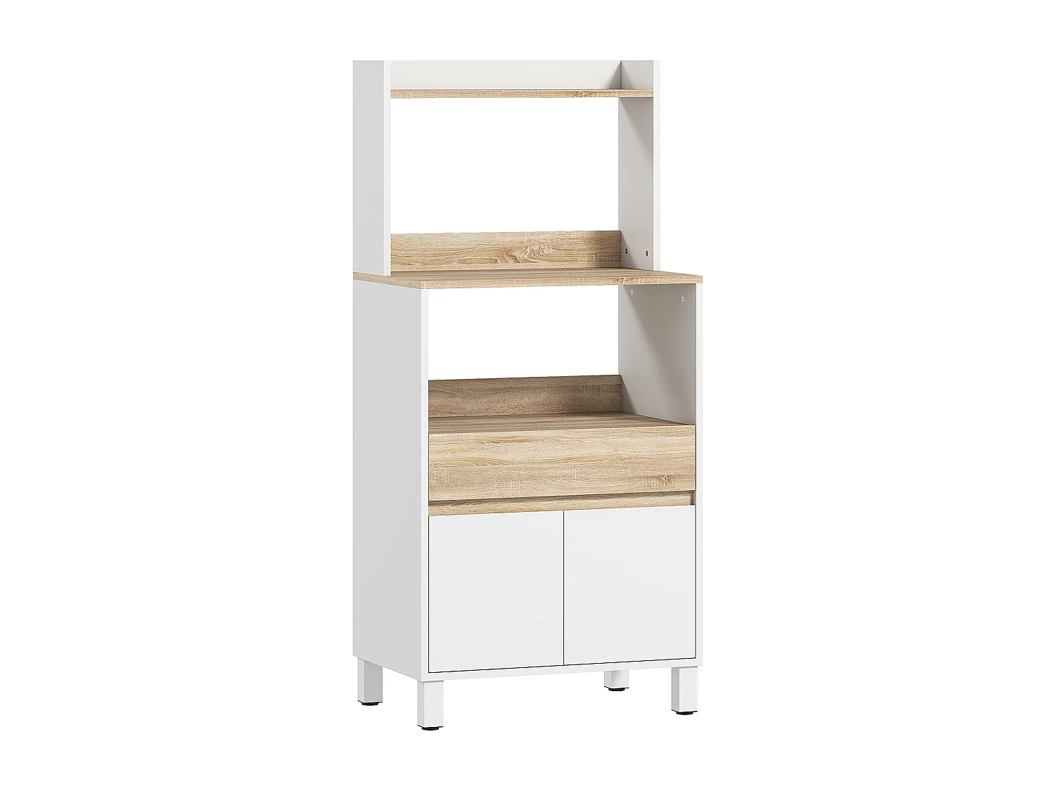 Rangement desserte de cuisine pour micro-ondes - 2 portes, 2 niches, tiroir, étagère - blanc naturel