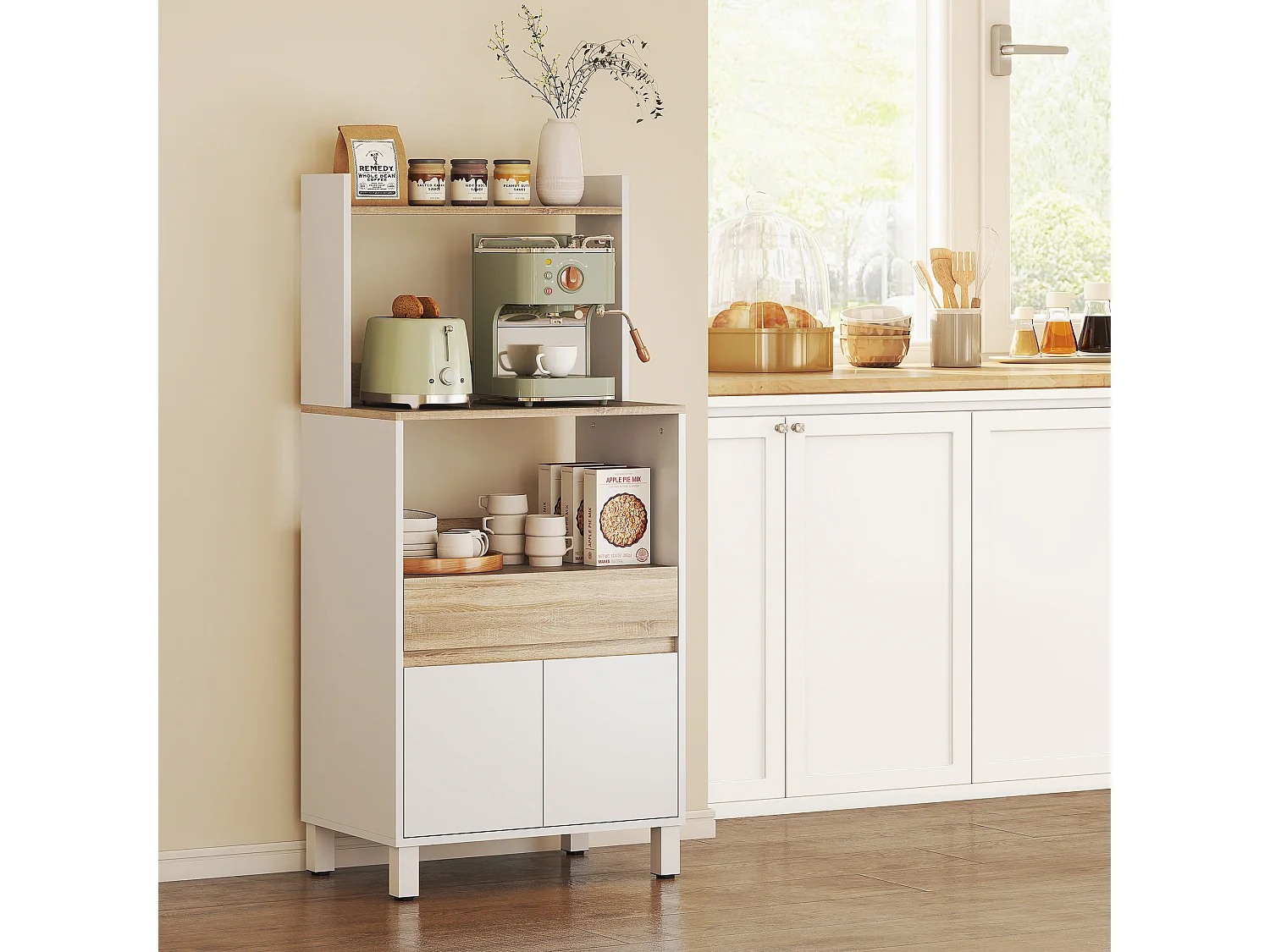 Rangement desserte de cuisine pour micro-ondes - 2 portes, 2 niches, tiroir, étagère - blanc naturel