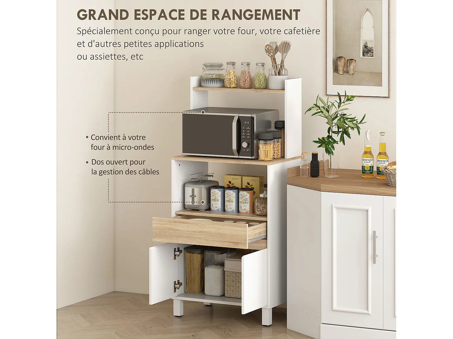 Rangement desserte de cuisine pour micro-ondes - 2 portes, 2 niches, tiroir, étagère - blanc naturel