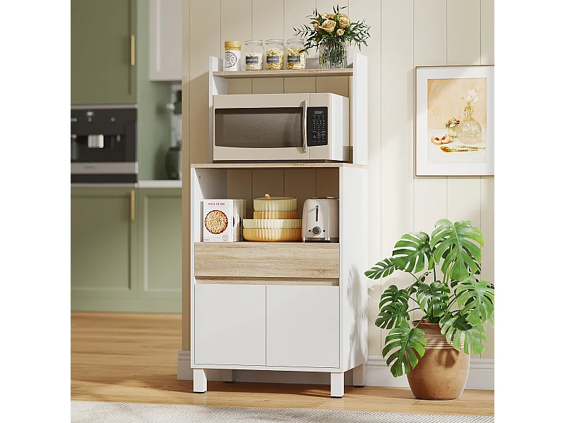 Rangement desserte de cuisine pour micro-ondes - 2 portes, 2 niches, tiroir, étagère - blanc naturel