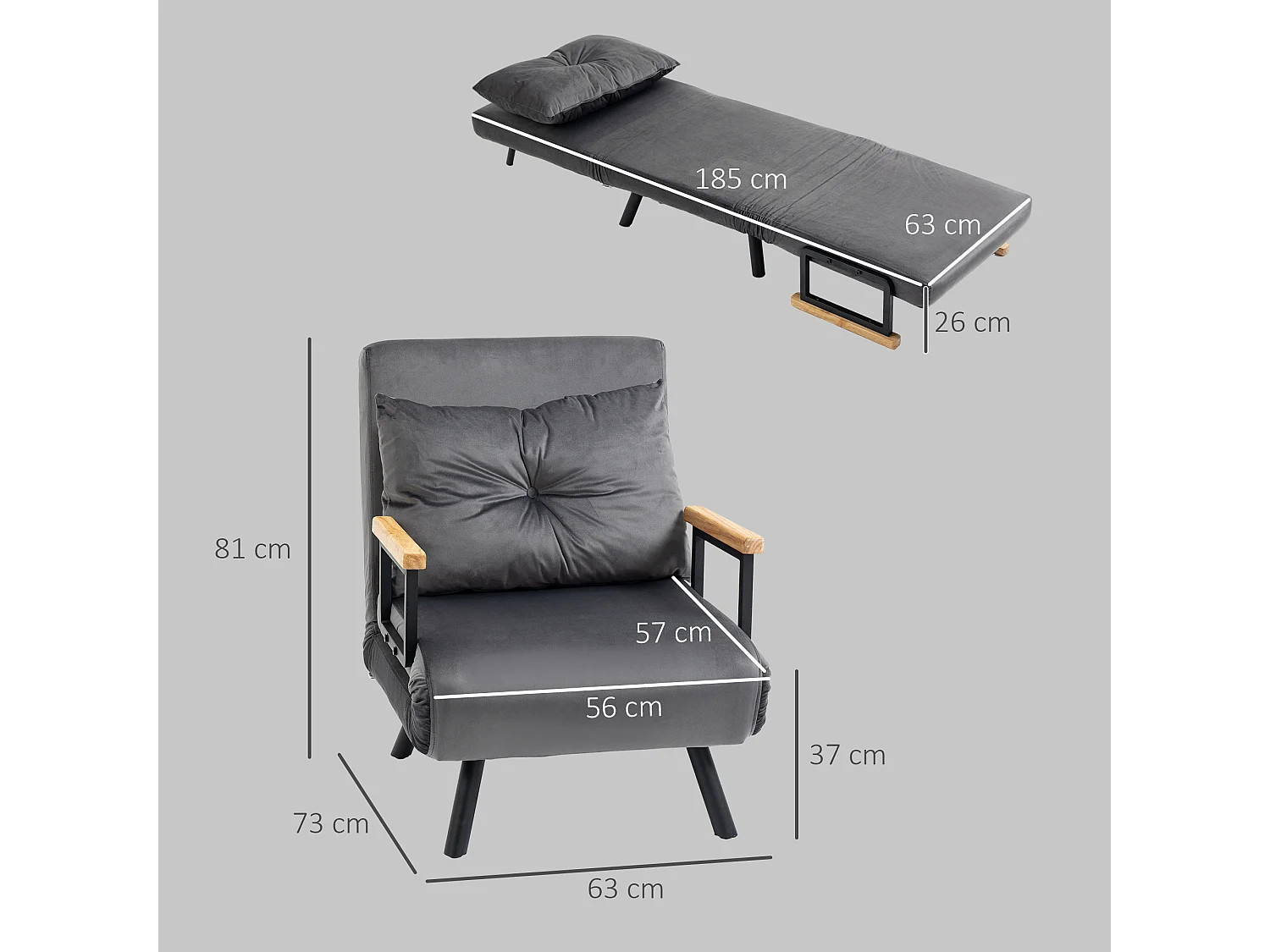 Fauteuil convertible 3 en 1 chauffeuse lit dossier réglable coussin accoudoirs bois velours anthracite