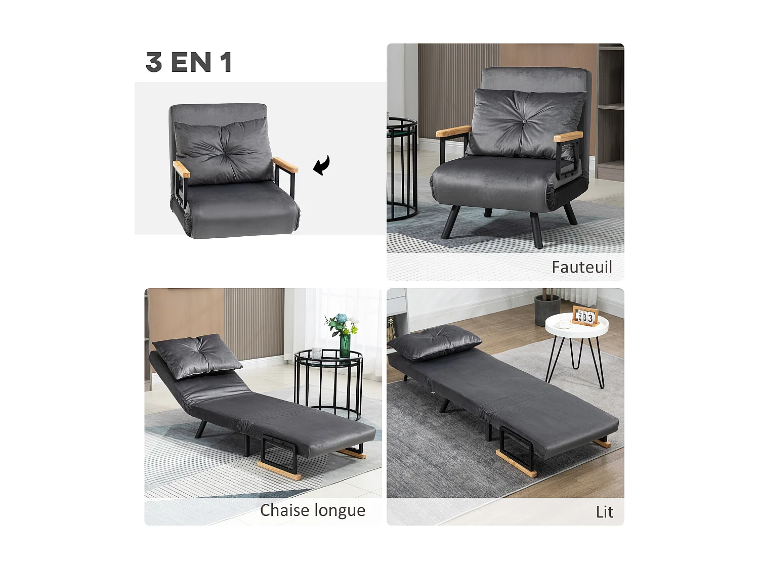 Fauteuil convertible 3 en 1 chauffeuse lit dossier réglable coussin accoudoirs bois velours anthracite