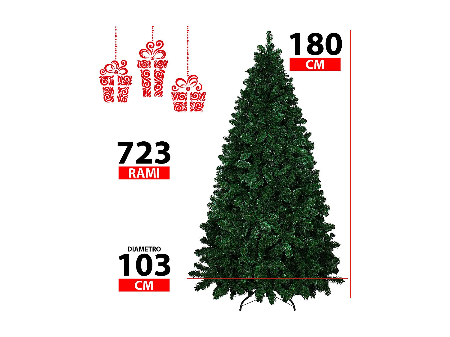 Albero Di Natale 180 Cm Con Sacca Effetto Reale 723 Rami Foltissimo Molto Folto Rami A Gancio Base A Croce In Metallo Doppia Foglia In PVC 180 Cm