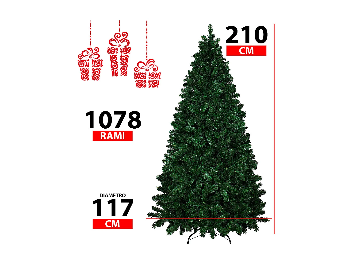 Albero Di Natale 210 Cm Con Sacca Effetto Reale 1078 Rami Foltissimo Molto Folto Rami A Gancio Base Croce In Metallo Doppia Foglia Colorata PVC 210Cm