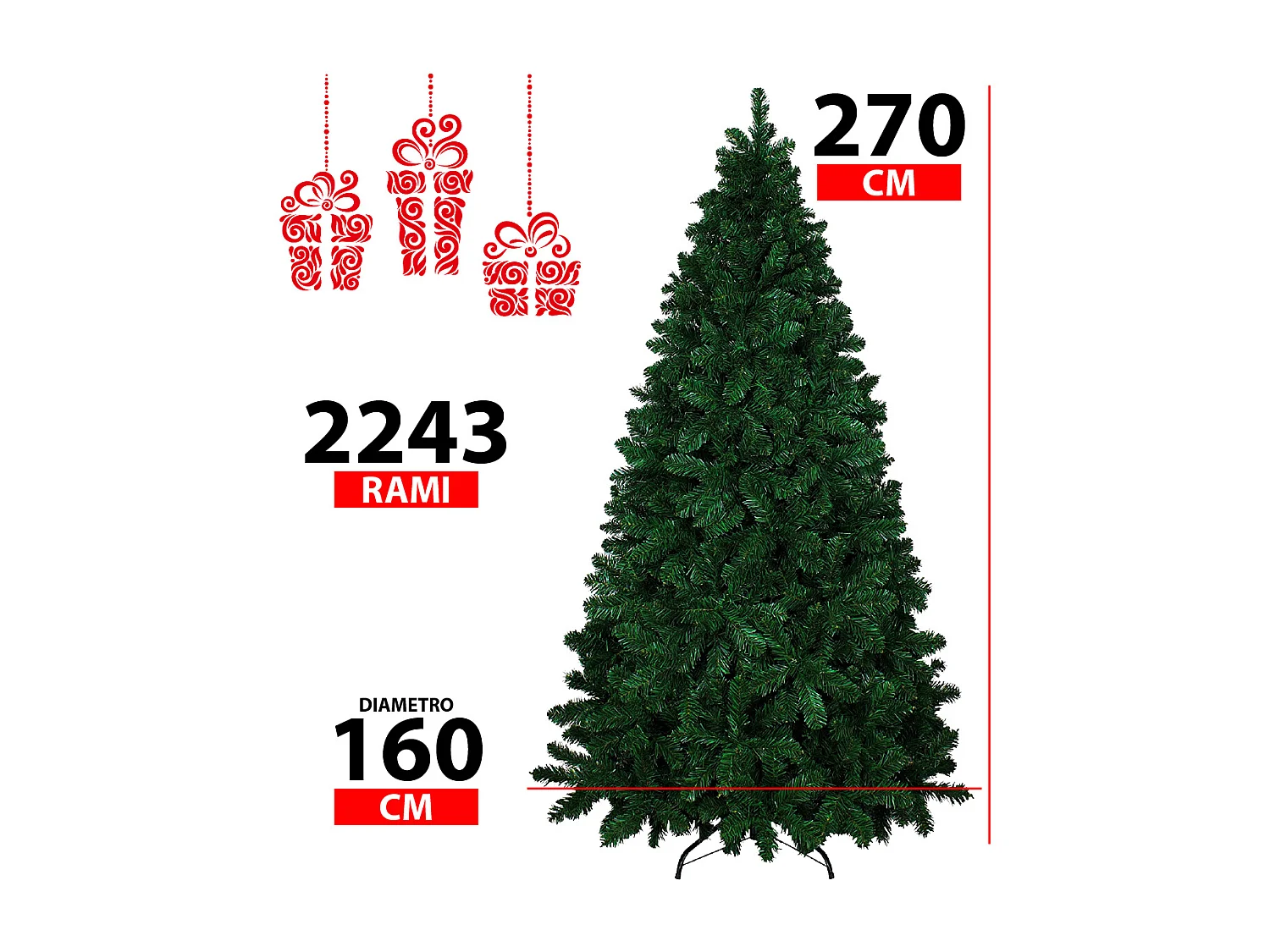 Albero Di Natale 270 Cm Con Sacca Effetto Reale 2243 Rami Foltissimo Molto Folto Rami A Gancio Base A Croce In Metallo Doppia Foglia In PVC 270 Cm