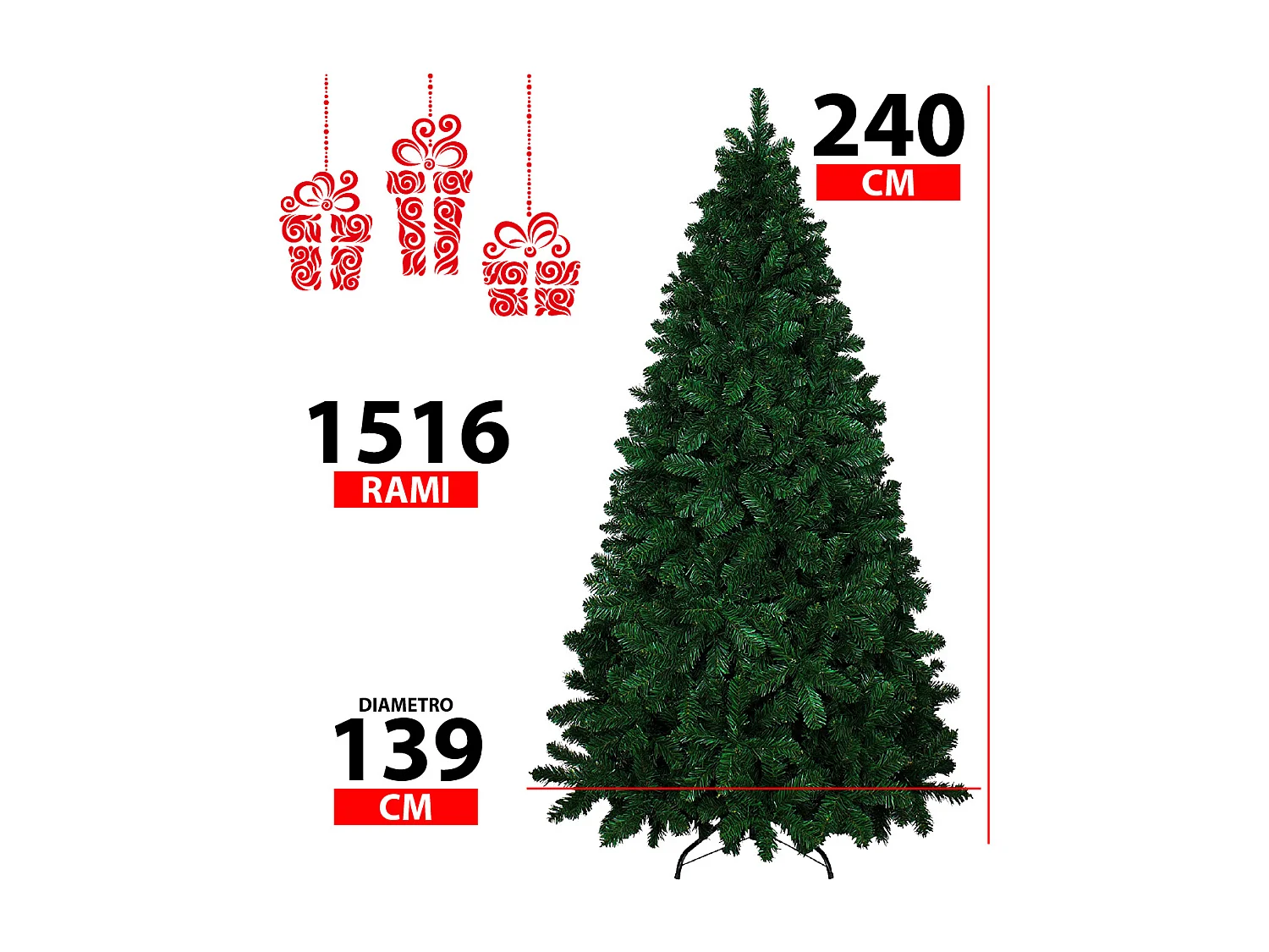 Albero Di Natale 240 Cm Con Sacca Effetto Reale 1516 Rami Foltissimo Molto Folto Rami A Gancio Base A Croce In Metallo Doppia Foglia In PVC 240 Cm