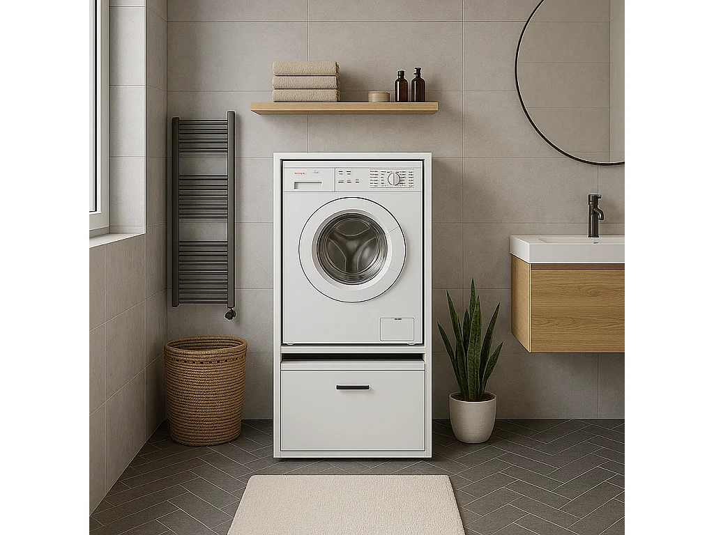 Mobile Per Lavatrice Asciugatrice Armadio Mobiletto Bagno Mobili Salvaspazio Con Cassetto E Mensola Allungabile Scaffale In Legno 70x146x64 Cm Bianco