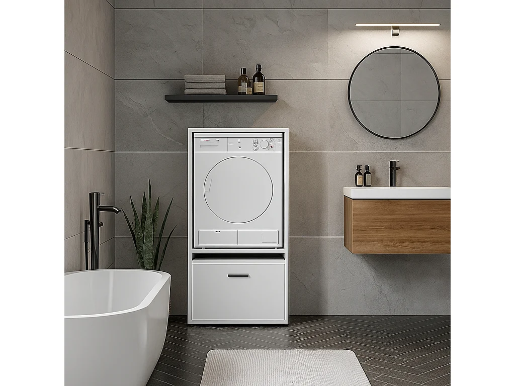 Mobile Per Lavatrice Asciugatrice Armadio Mobiletto Bagno Mobili Salvaspazio Con Cassetto E Mensola Allungabile Scaffale In Legno 70x146x64 Cm Bianco